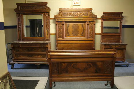 Massive 3-Piece Walnut Bedroom Set Features Carved Swans: Massive Walnut 3-Piece Heavily Carved Mabletop Bedroom Set Features Swans - 1) High back bed, 88" H x 76" L x 58" W, 2) large, mirrored dresser 88" H x 57" W x 24 "D; 3) mirrored commode, 77" H x 36