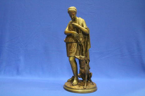 Bronze Huntress w/ Wolfhound Statue: Bronze Huntress w/ Wolfhound Statue / Sculpture - huntress holds dog leash in her hands, quiver on her back with arrows, unsigned, 16" H 13 pounds.