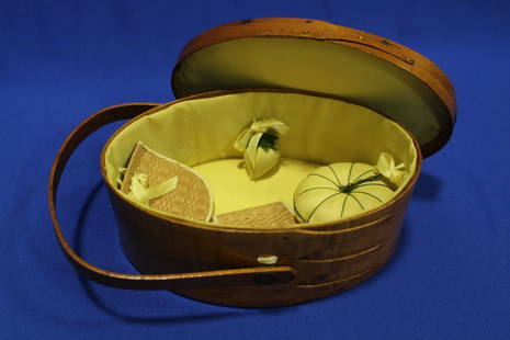 Shaker Sewing Basket w/ Original Contents: Shaker Oval Swing Handle Sewing Basket w/ Original Contents - 3 swallow-tail finger laps to base, single finger to lid, joined with copper tacks, swing handle, silk-lined interior and silk lined under