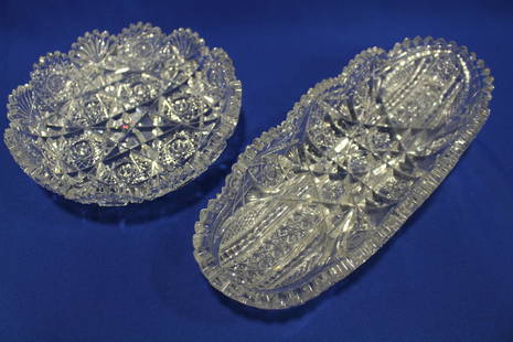 Hoare & Co. Cut Glass Celery Dish & Bowl: Hoare & Co. Cut Glass Celery Dish & Bowl - 1) celery 11 3/4" L x 2" H, small chip to one of the border teeth; 2) 7" L x 1 3/4" H.