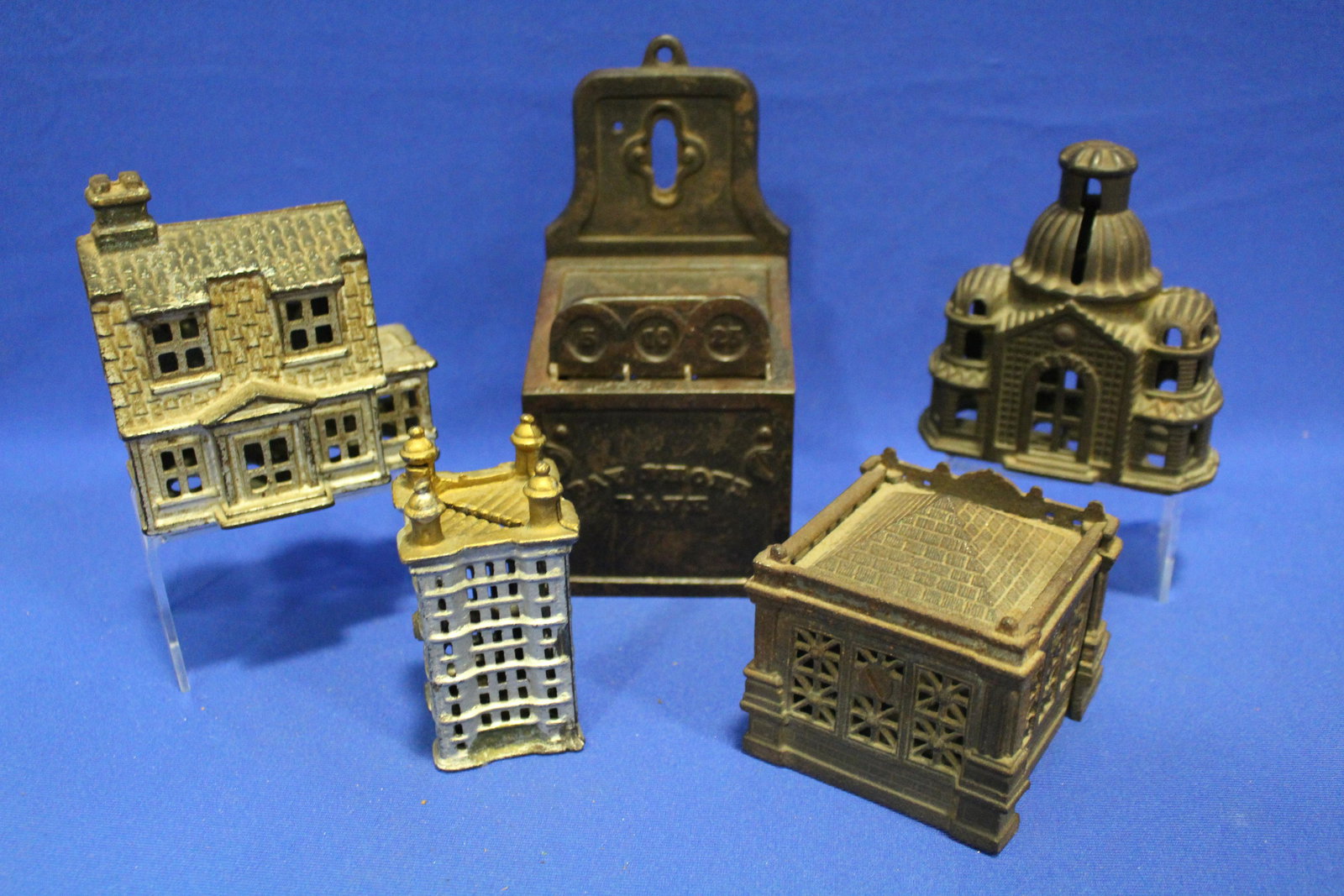 Lot of 4 Cast Iron Building Banks & Other (1 of 1)