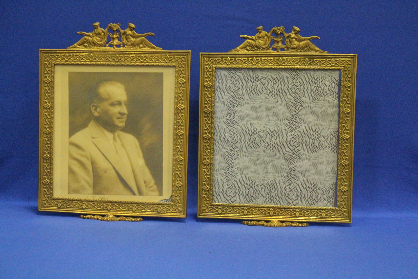 Pr Large Bronze Easel Picture Frames: Pr Large Bronze Picture Frames - ornate frames with Grecian goddesses, clips on back hold photos, frames measure 11 1/2" W x 14 1/2" H.