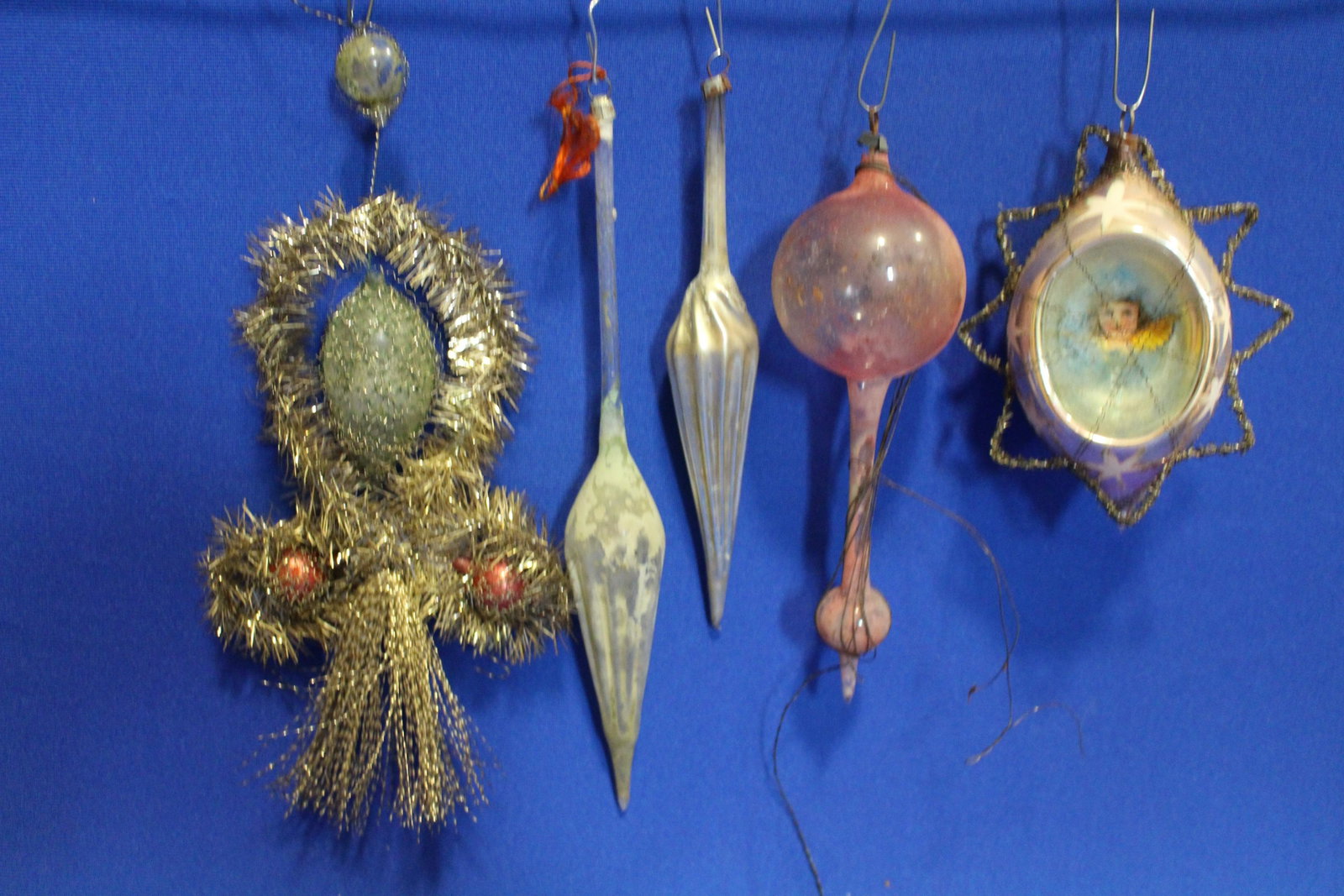Early Ornaments Blown Glass, Scrap & Tinsel: 5 Early Ornaments Blown Glass, Scrap & Tinsel - longest 9".