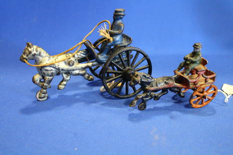 Lot of 2 Dent Hardware Co. Cast Iron Dent Pony & Cart: Lot of 2 Cast Iron Painted Dent Hardware Co. Ponies & Carts - 1) miniature, 4" L; 2) 6" L.