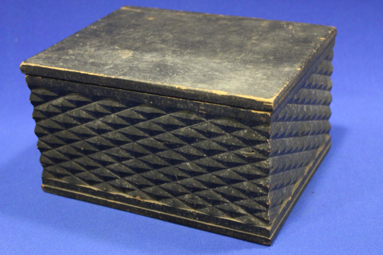 19th C Carved and Painted New England Box: 19th C Carved and Painted New England Box - diamond quilt carved, 8 1/2" W x 5" H x 6 1/2" D.