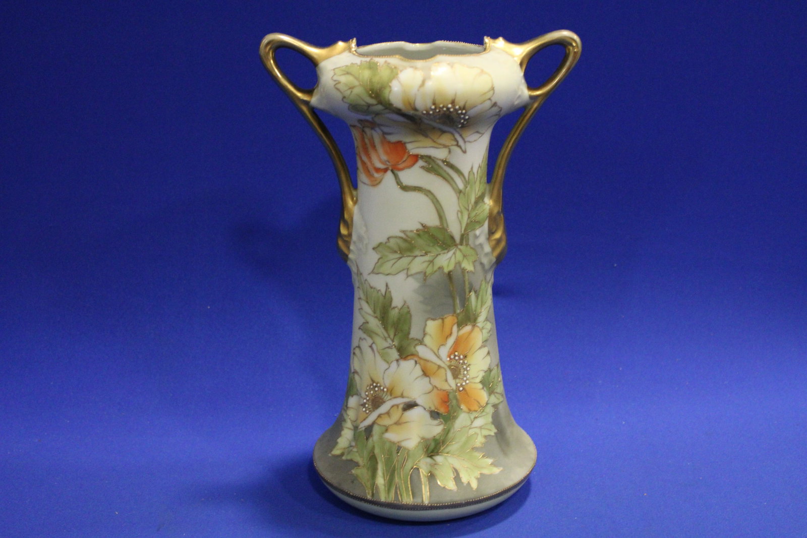 Tall Floral Decorated Nippon Vase: Tall Nippon Vase - floral design with gold gilt handles and accents, 12" H. No issues.