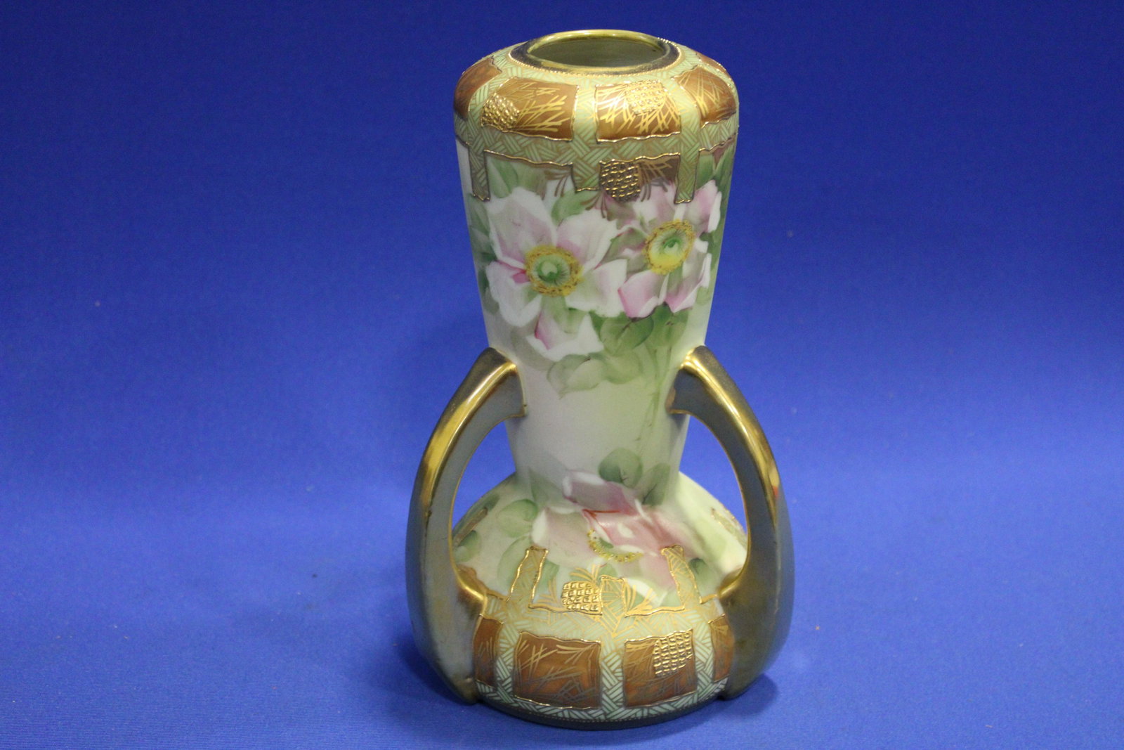 Nippon Vase w/ Flowers & Handles Attached at Base: Nippon Vase w/ Flowers & Handles Attached at Base - signed, 9" H. No issues.