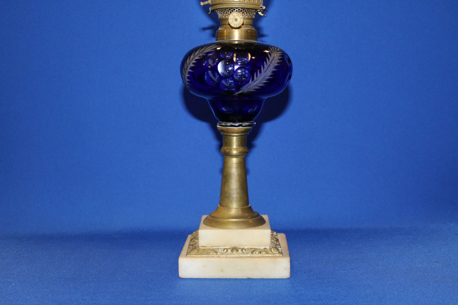 Cobalt Cut to Clear Oil / Fluid Stand Lamp: Cobalt Cut to Clear Oil / Fluid Stand Lamp - 10 1/2" H to collar. Knob on burner marked The Miller Co. No chips, cracks or other damage.