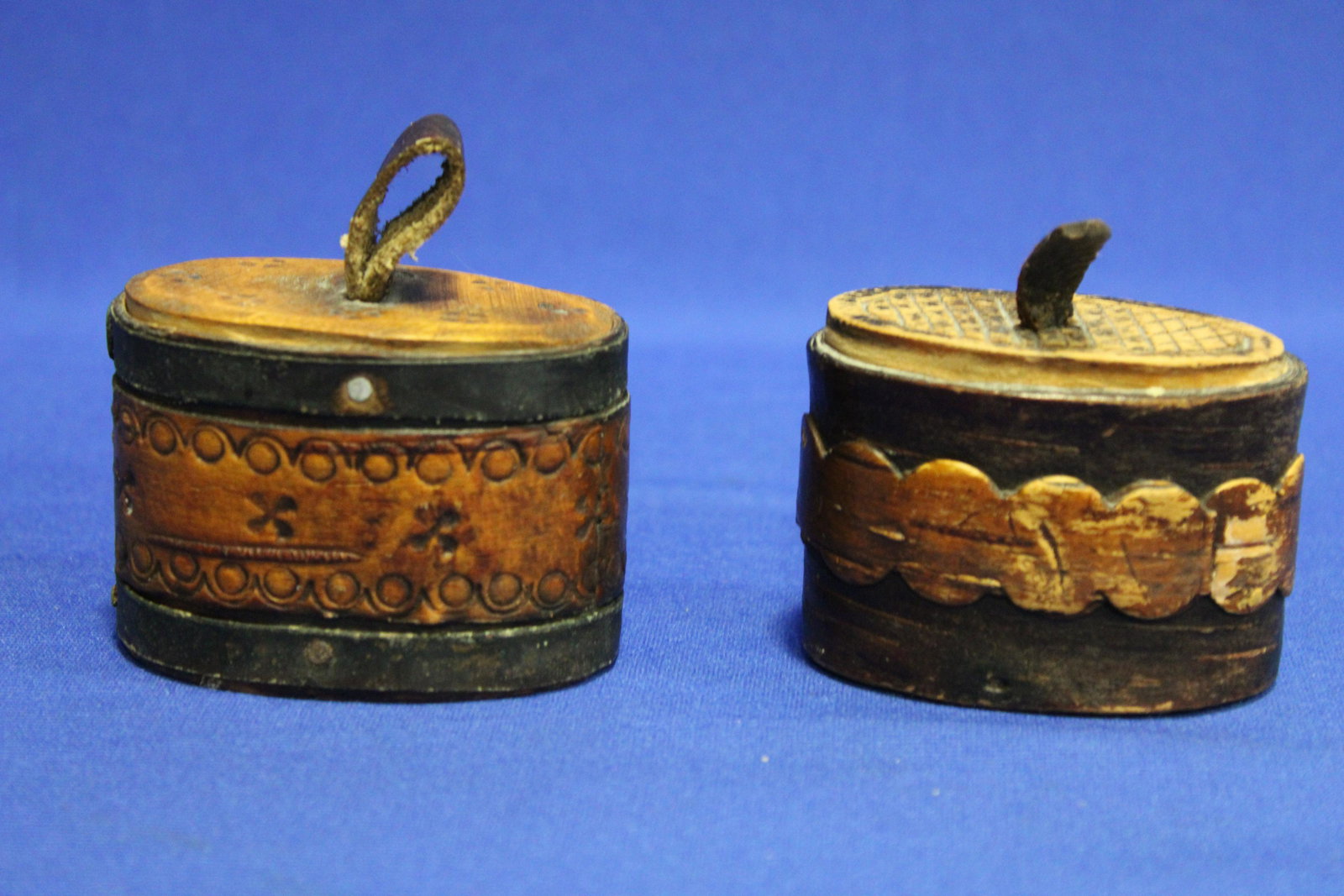 Native American Indian Birch & Leather Snuff Boxes: Native American Indian Birch and Leather Snuff Boxes - probably from Cree tribe, one signed S.Ols, 2 3/4" W.