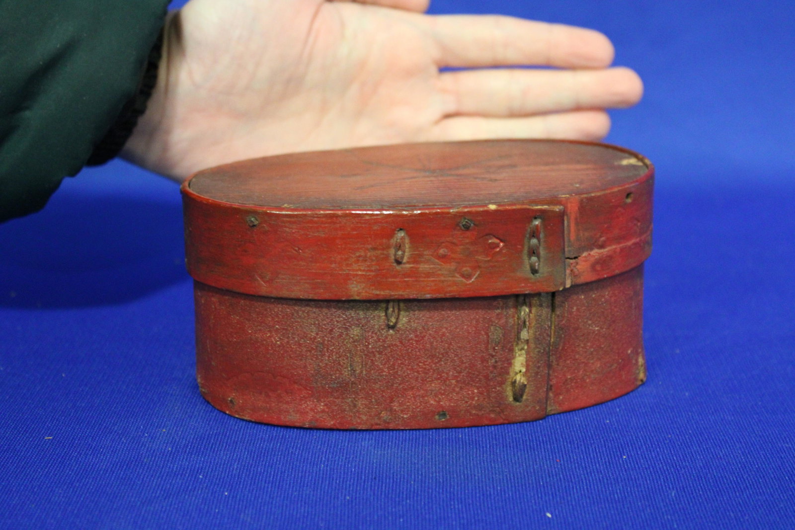 19th C Oval Pantry Box Red Painted Surface & Laced Laps: 19th C Oval Pantry Box in Original Old Red Painted Surface - laced laps, 5 3/4 x 2 3/4" H.