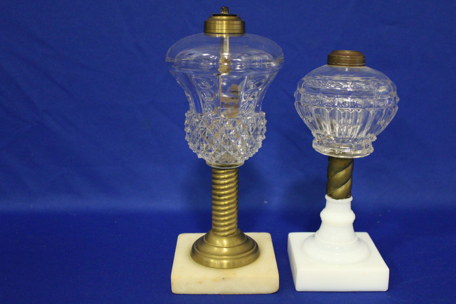 19th C Whale Oil Lamps with Brass Joiners: 19th C Whale Oil Lamps with Brass Joiners - tallest 10 1/2" H has double tube burner, other lacking burner.
