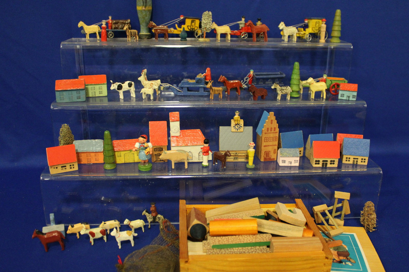 Made in Germany Group of Tiny Noah's Ark Animals & More: Made in Germany Group of Tiny Noah's Ark Animals & More - group of building blocks in original wooden box; several houses; landscape trees; tiny painted and carved animals as well as family figures; s