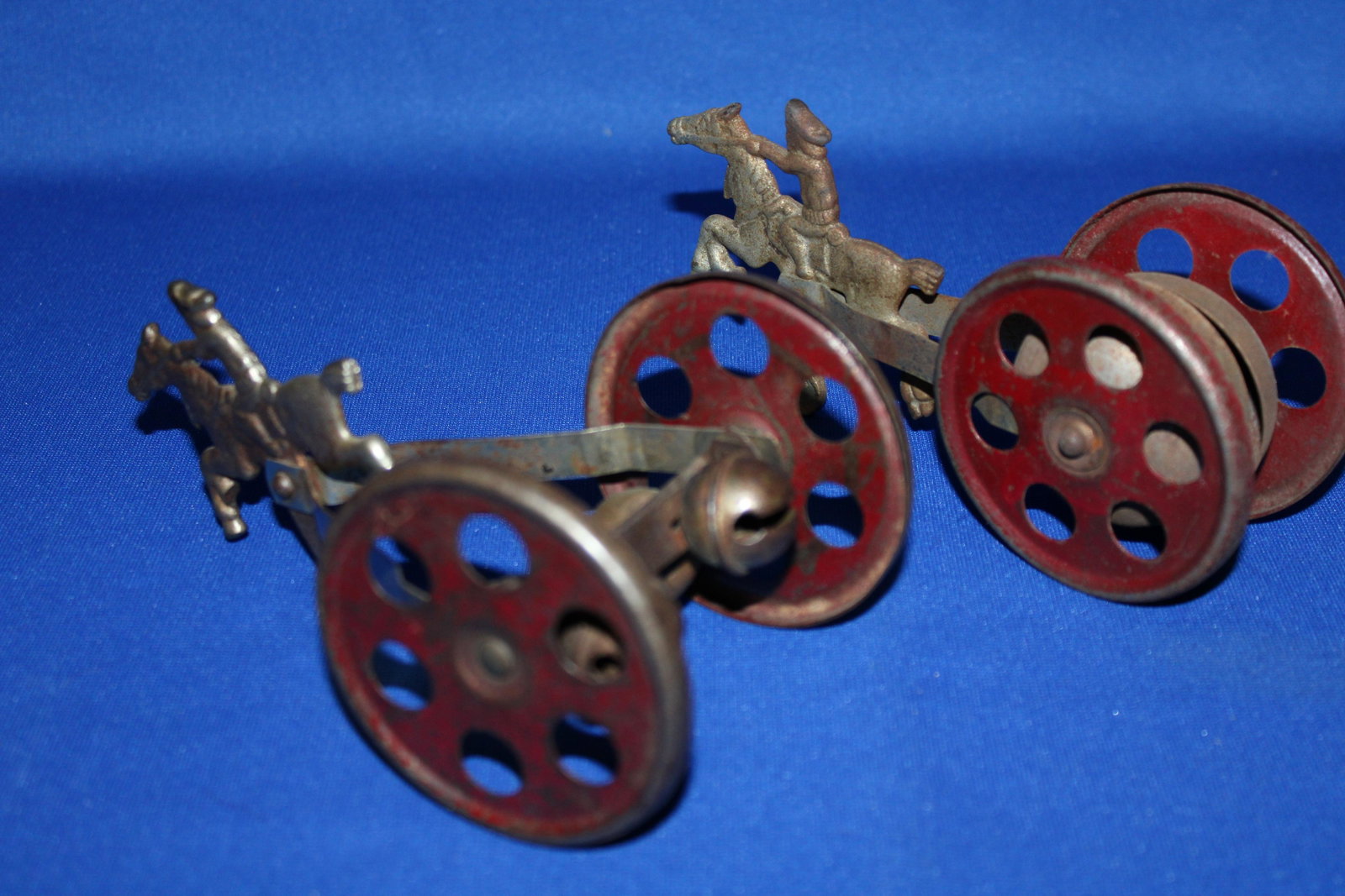 Tin & Cast Iron Bell Ringer Horse and Sulky Racer Toys: Lot of 2 Horses and Sulky Racer Toys - 1) antique bell ringer chrome-plated horse and rider - 7" L.; 2) cast iron race horse, driver and sulky, 7" L.