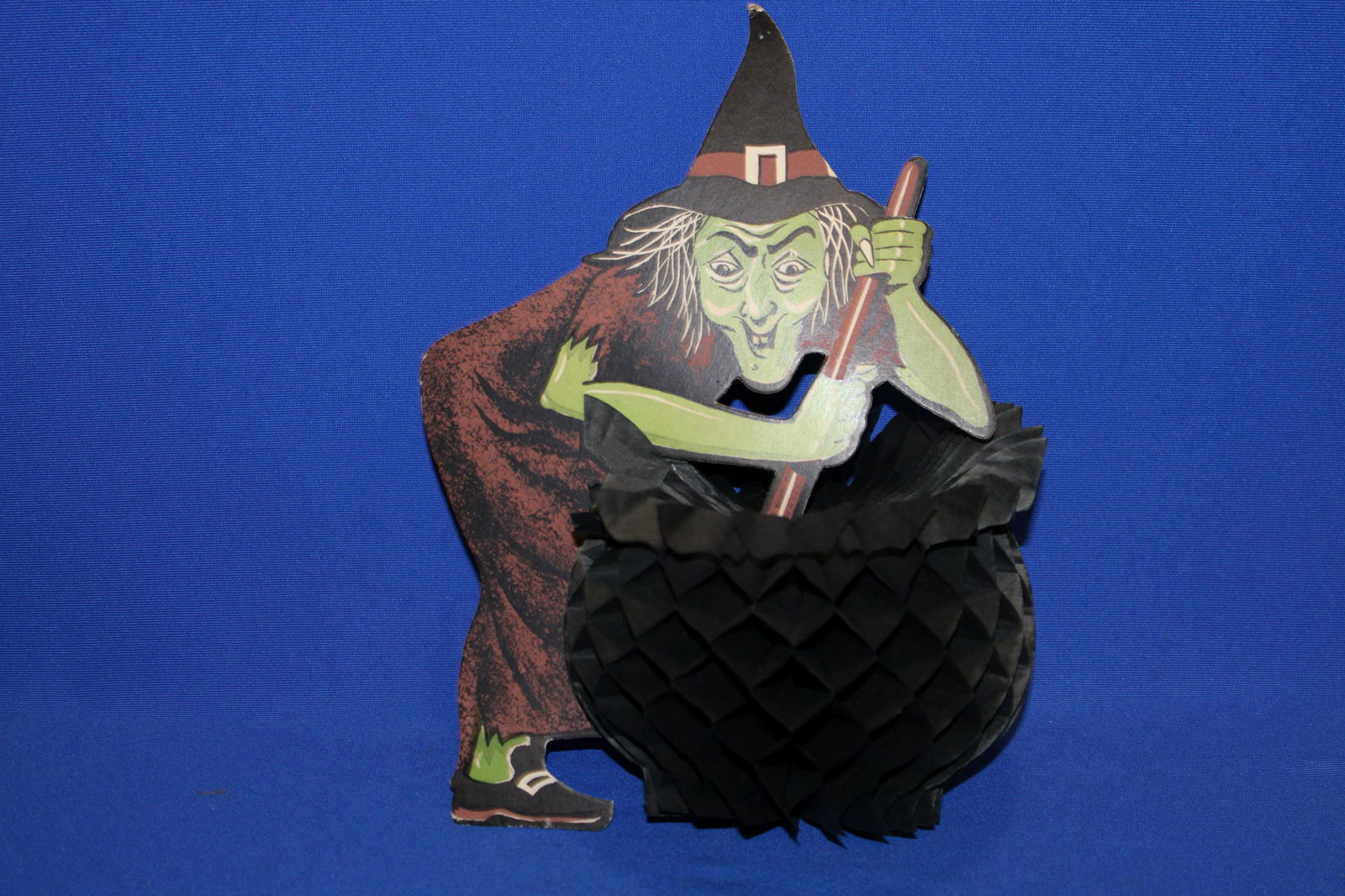 Halloween Cardboard Witch & Cauldron by Beistle: Halloween Cardboard Witch & Paper Accordion / Honeycomb Stirring Cauldron by Beistle - approx. 12" H. No issues.