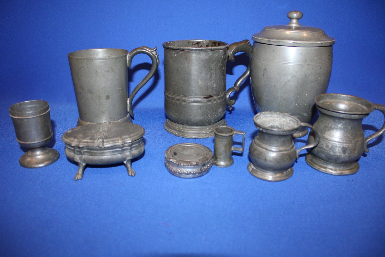 18-19th C Misc Pewter Including Lidded Canister / Jar: 18-19th C Misc Pewter Including Lidded Canister / Jar - canister jar 7" H to finial.