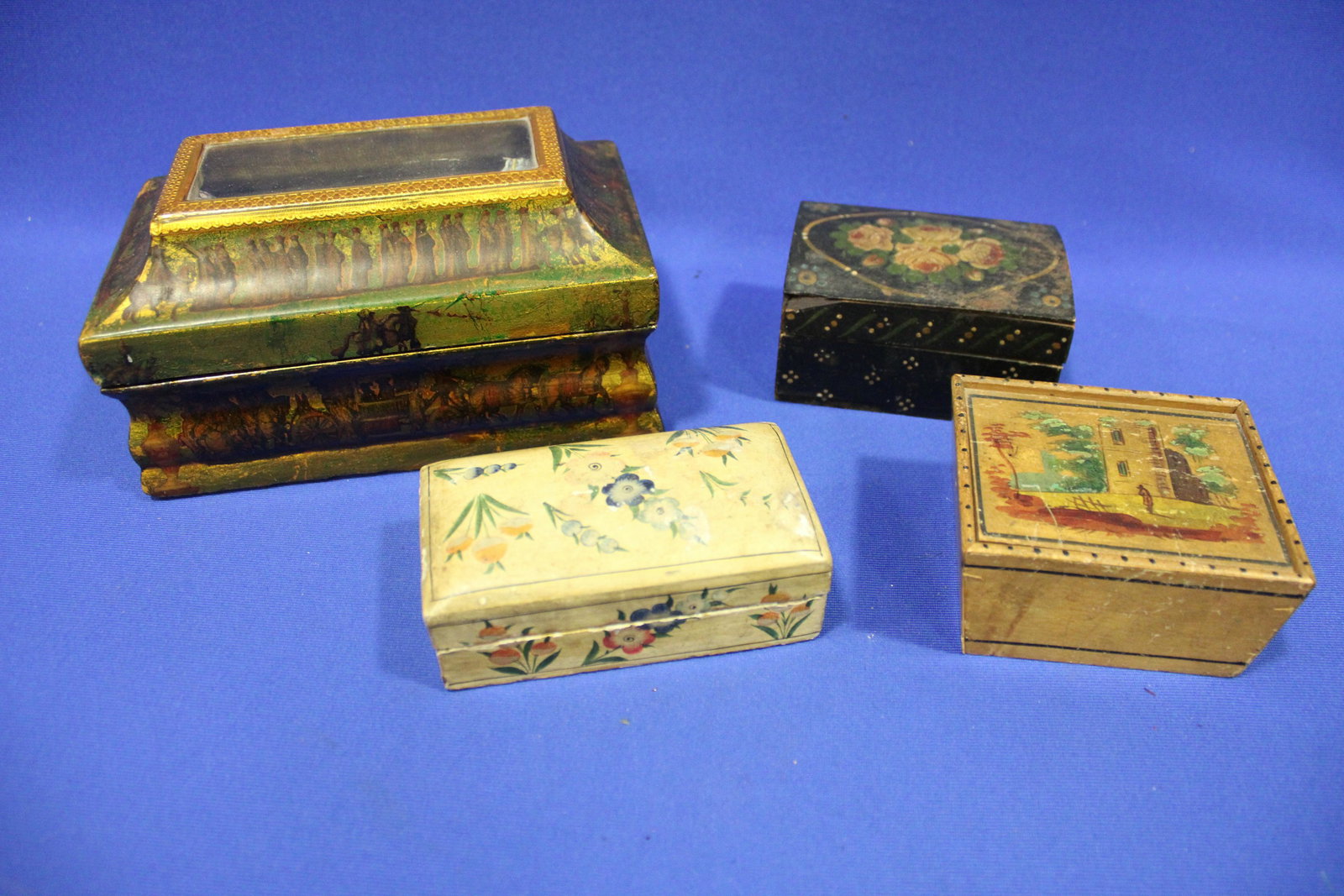 19th C Hand-Painted Small Wooden Boxes: 19th C Hand-Painted Small Wooden Boxes - 1) cream box with hand-painted flowers, 4 1/2" W; 2) painted scene of man in country setting; 3) black with lift lid, hand painted roses; 4) lid with diarama s