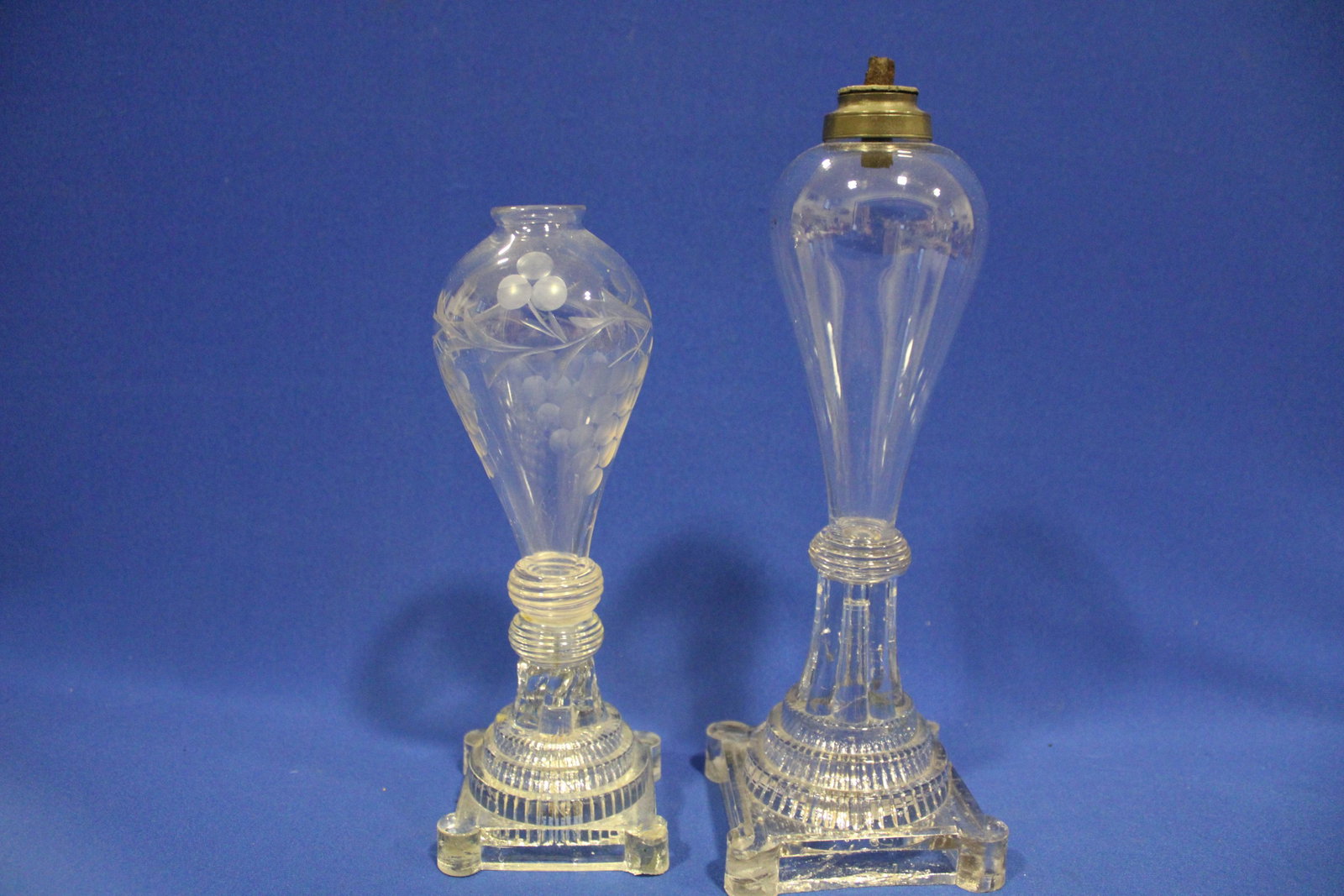Pair Bulbous Whale Oil Lamps: Pair Bulbous Whale Oil Lamps - tallest 10 1/2" to top of collar.
