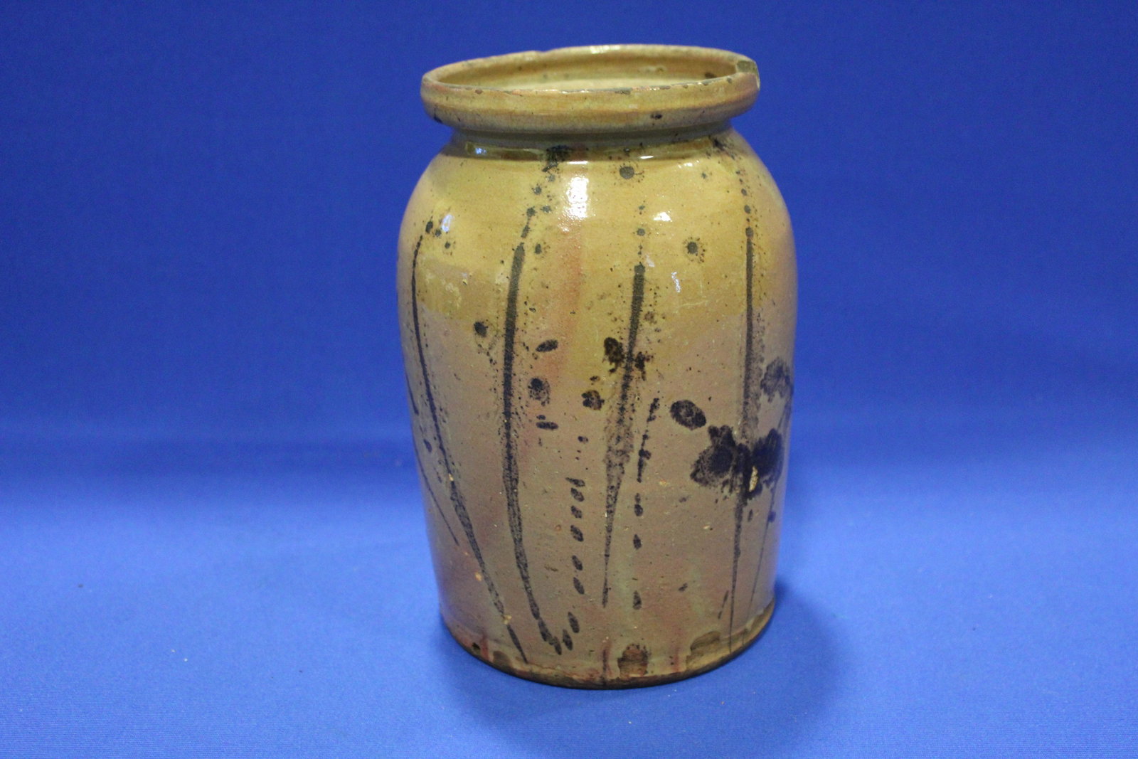 Early 1800s Stoneware Storage Jar with Decorative Flairs: Early 1800s Stoneware Storage Jar with Decorative Flairs - cracks and chip, 8" H.