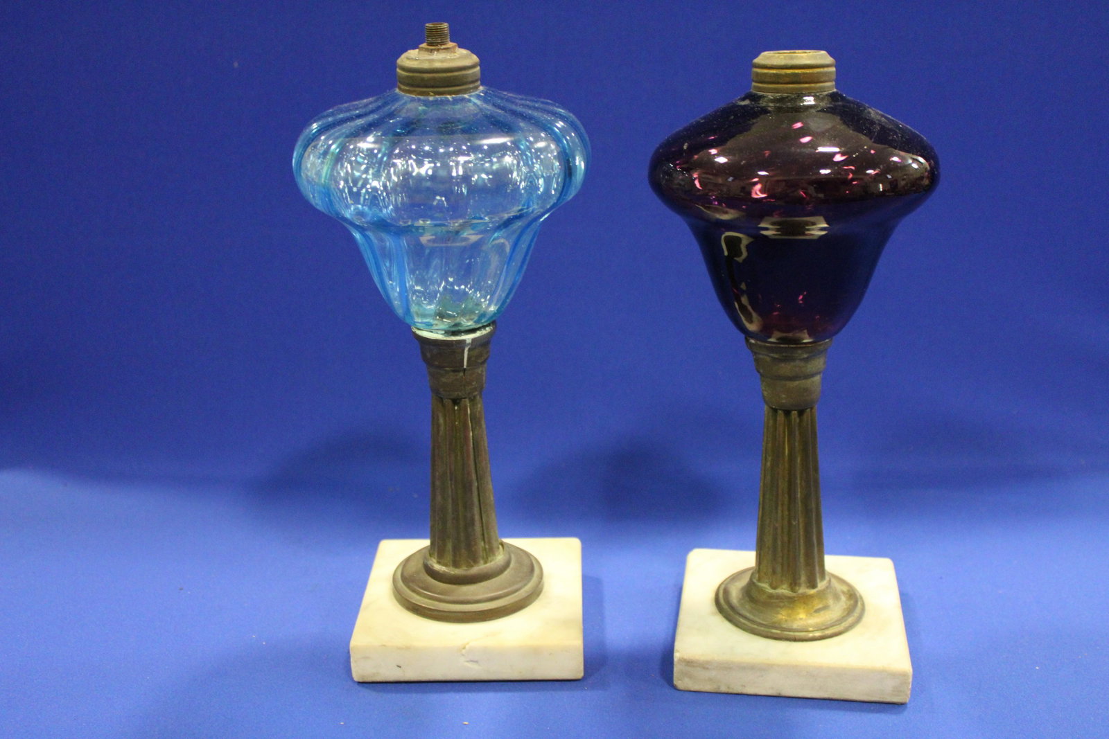 Colored Glass Whale Oil Lamps: Colored Glass Whale Oil Lamps - 1) cranberry; 2) blue, both with split to base where it joins the fonts the bases.