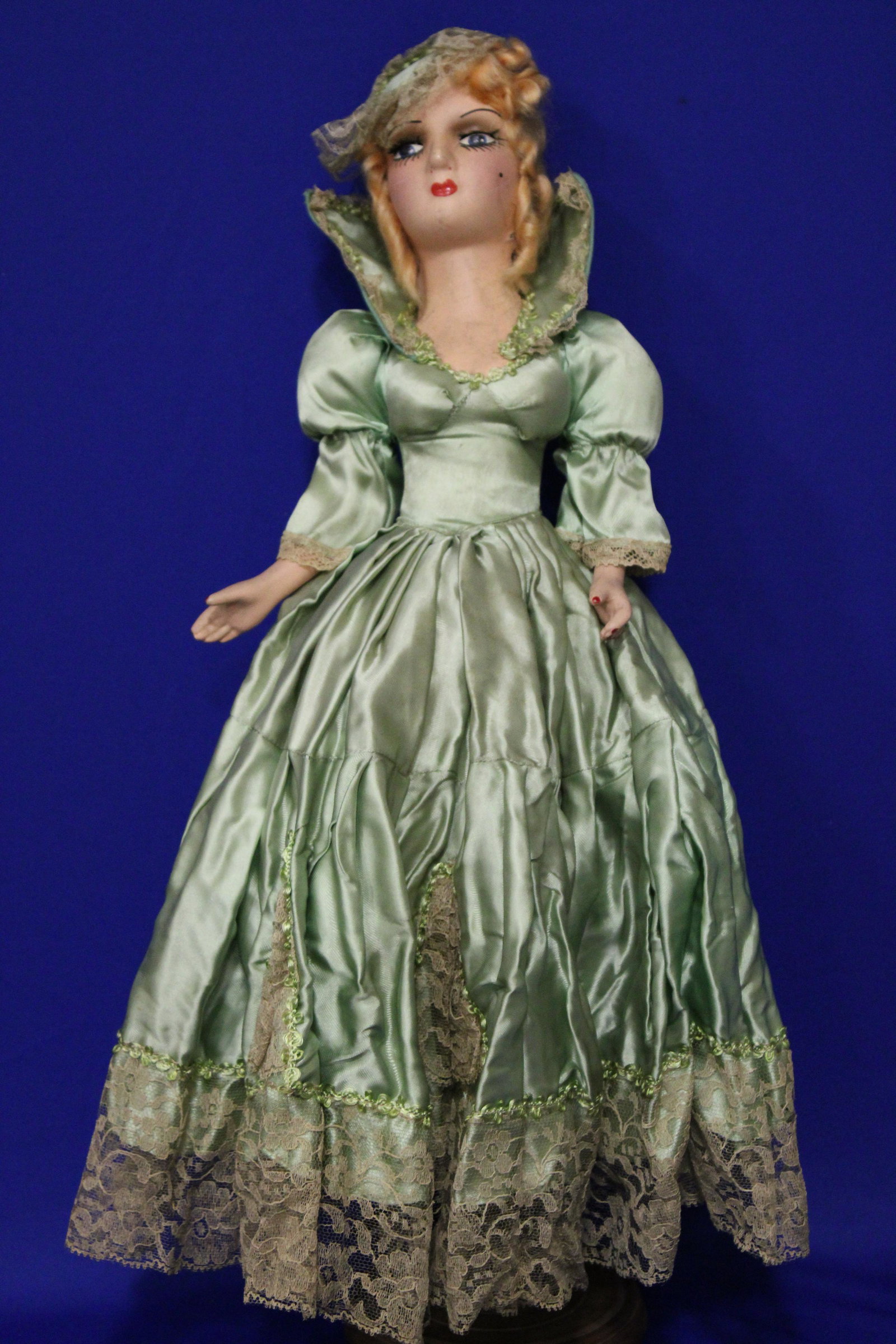 1920-30's Bed Doll in Green Silk Dress (1 of 4)