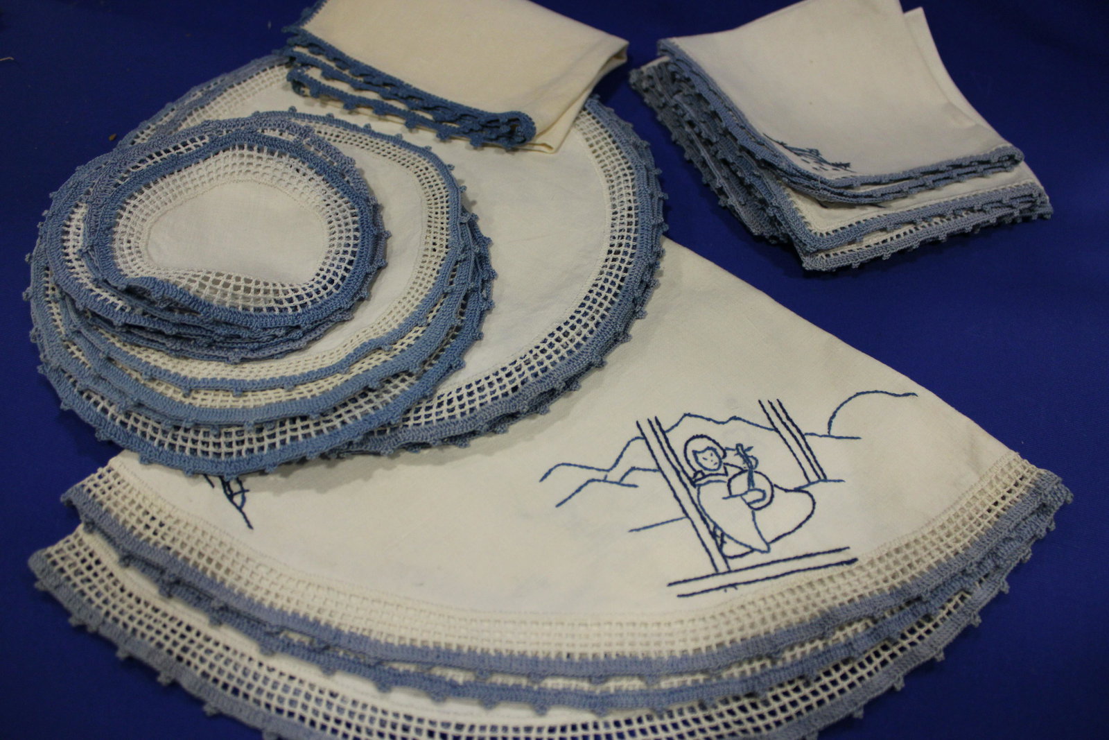 Set Matching Blue Linens with Crocheted Edges - Unused (1 of 1)