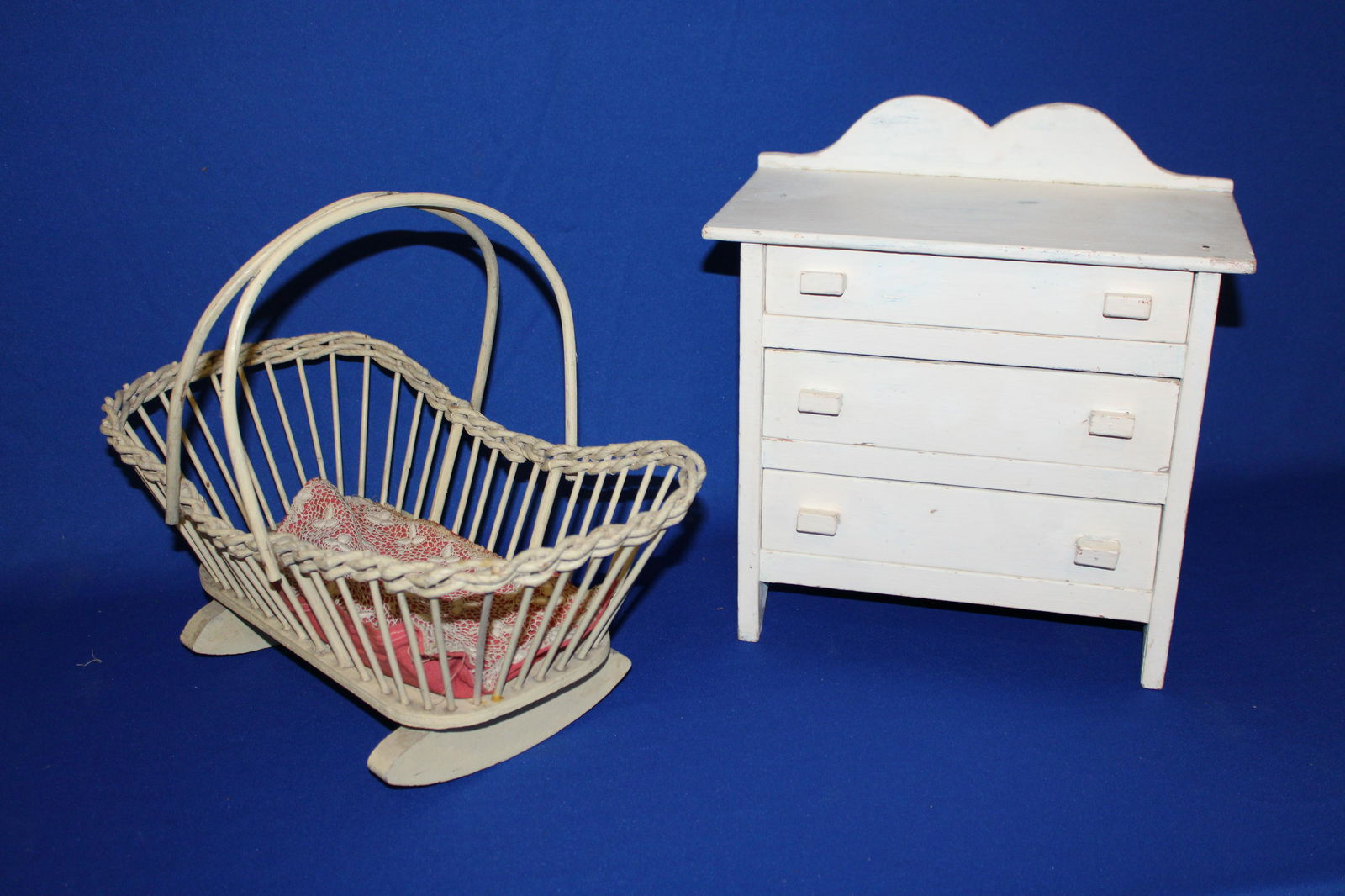 1930-40s Painted Wooden Doll Furniture - Dresser & Cradle (1 of 3)