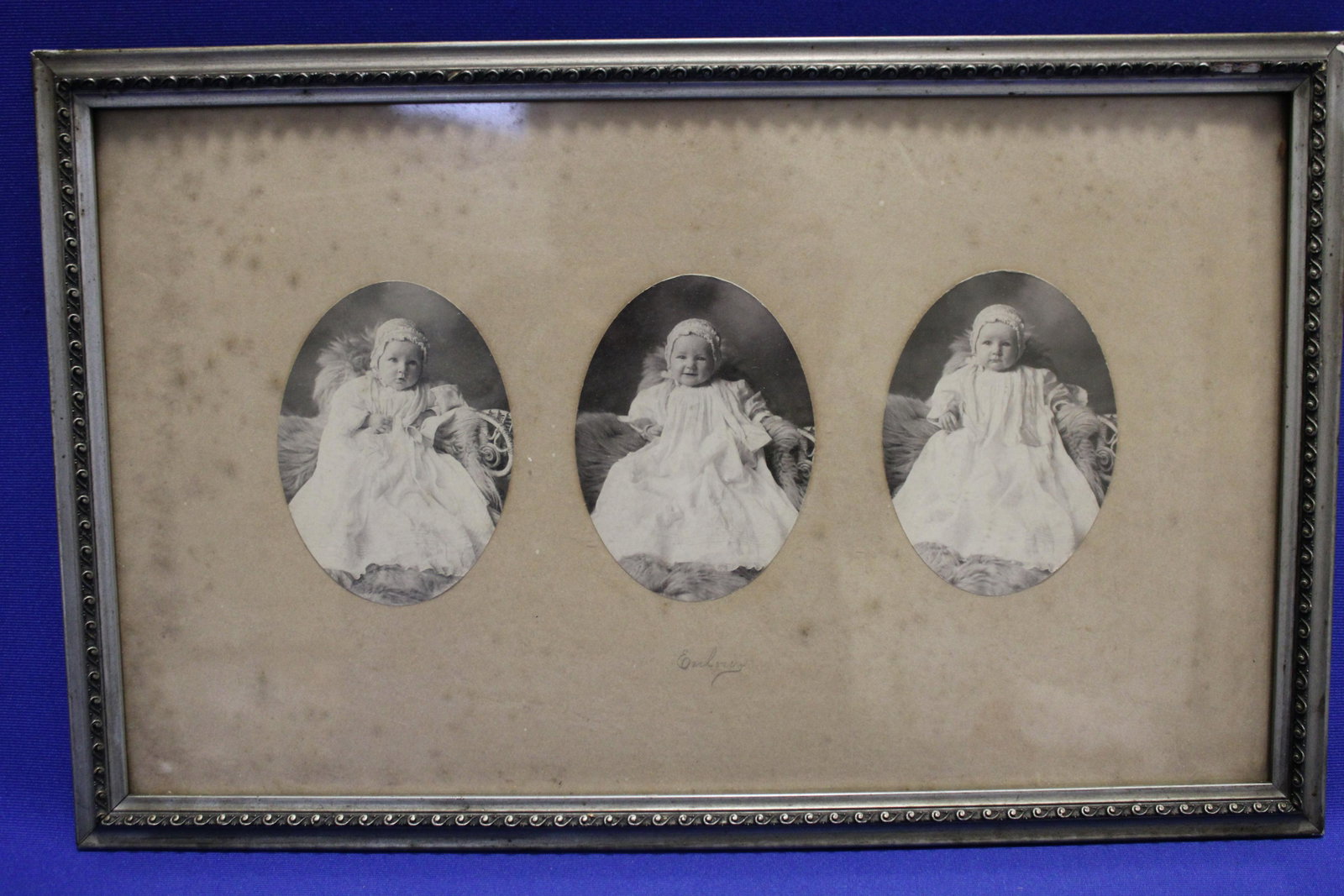 Late 1800s -1900s Frame with Baby "Evelyn" from Estate: Late 1890s to 1900s Frame with 3 Photos of Same Baby "Evelyn" from Estate - identified from a Columbus Ohio estate, 15" L.