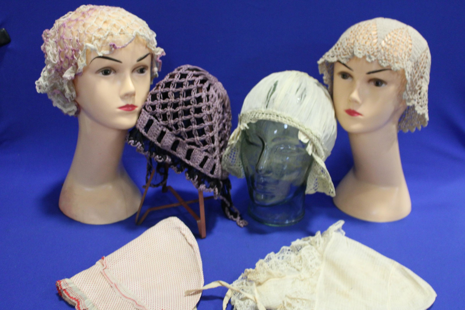 1900-1930s Lady's Night Caps: 1900-1930s Lady's Night Caps- Lot of 6, includes silk, crochets, cotton, from Columbus, Ohio estate.