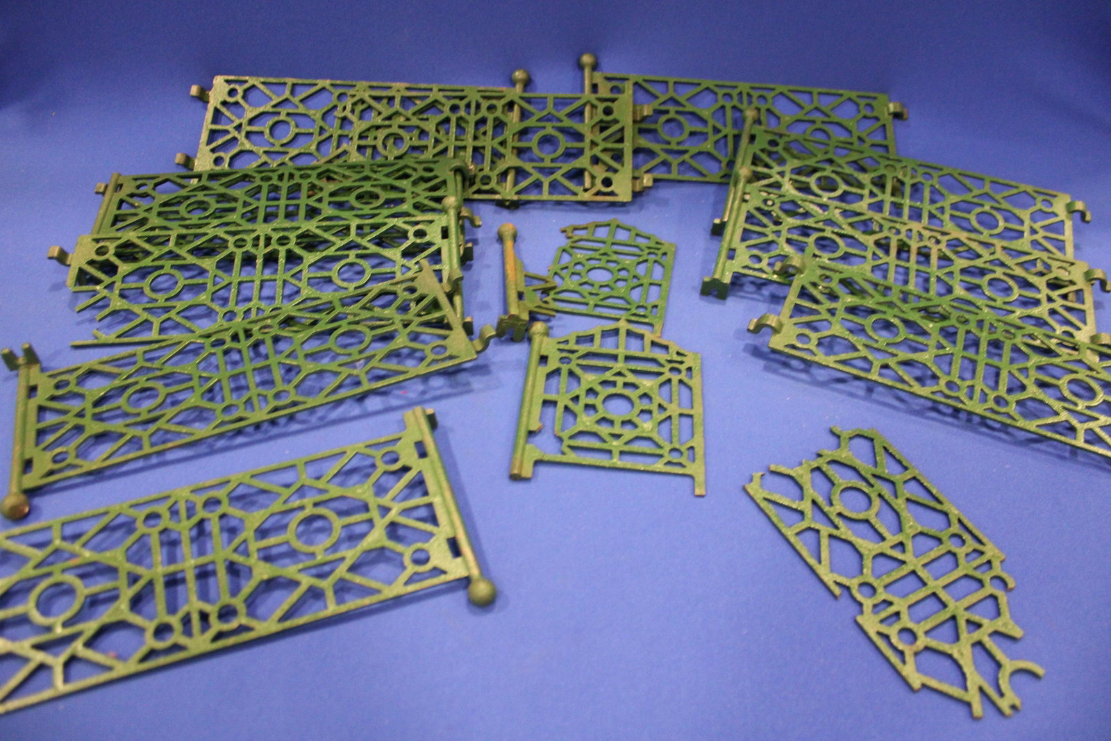 Green Cast Iron Christmas Tree Fence: Green Cast Iron Christmas Tree Fence - 11 pieces, 11" L, some with damage, 1 gates , 1 broken gate. More Christmas later in sale.