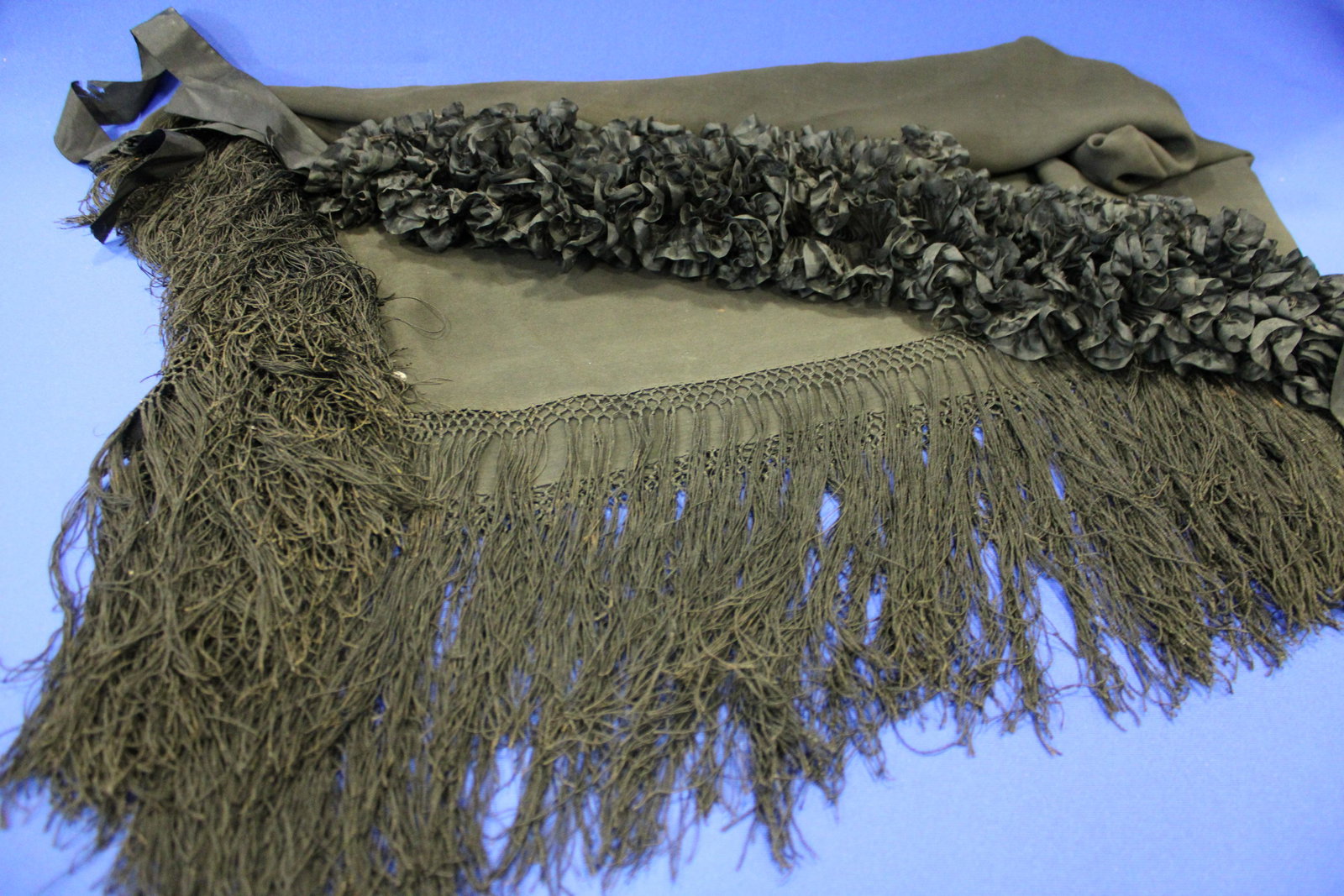Victorian Black Silk Fringed Shawl & Silk Ruffled Boa (1 of 3)