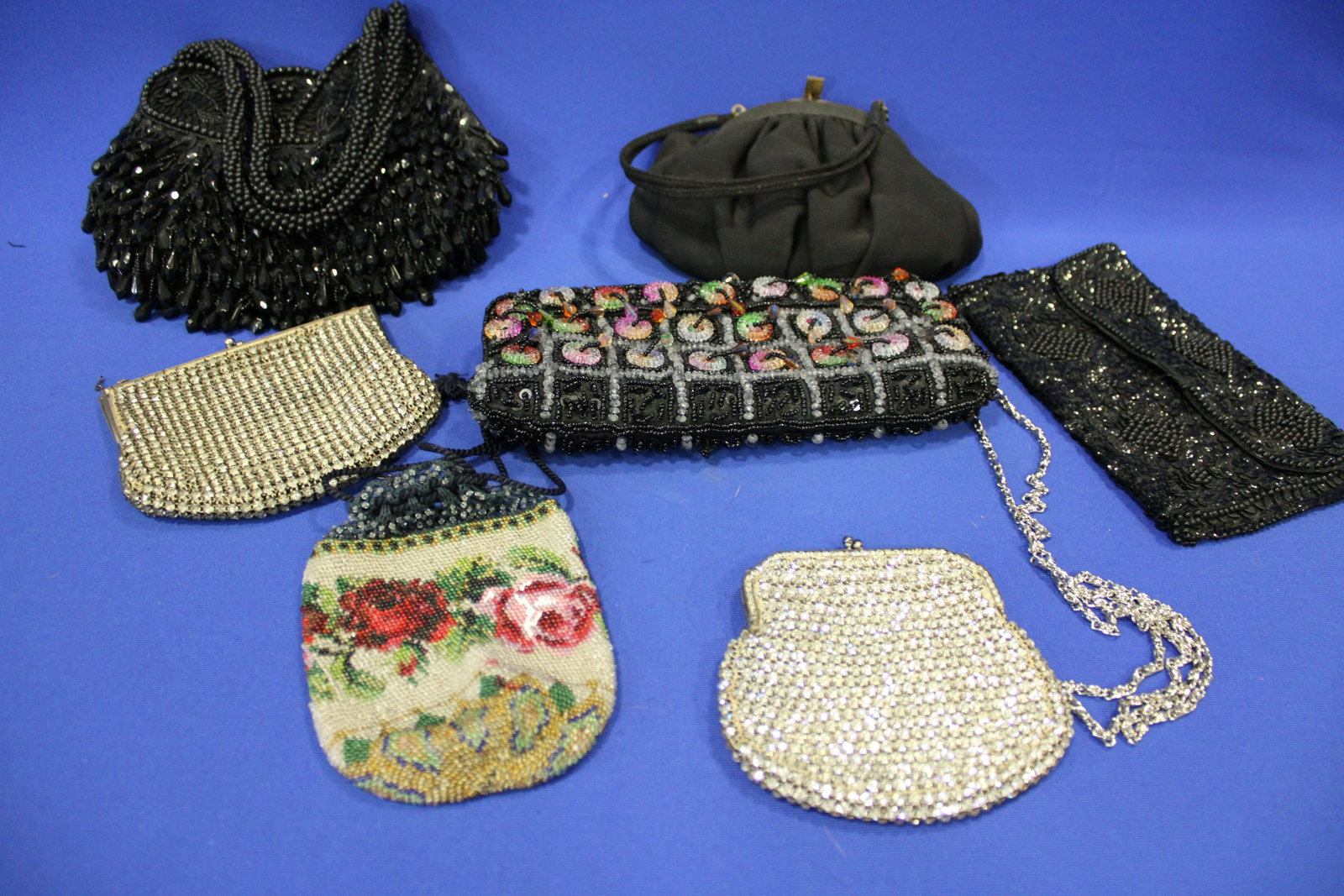 Lot of 7 Beaded, Rhinestone & More Purses: Lot of 7 Beaded, Rhinestone & More Purses - jet black beaded with double handle marked J&X NY. No issues.