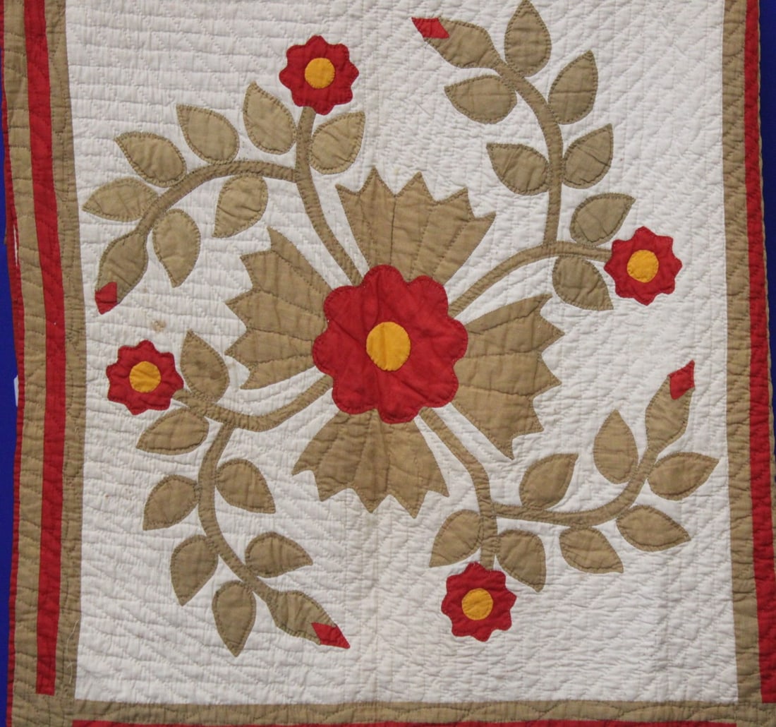 Mid 19th C Whig / Democratic Rose Quilt: Mid 19th C Whig / Democratic Rose Quilt - red, yellow and butterscotch, 78 x 68. Sporadic small stain.