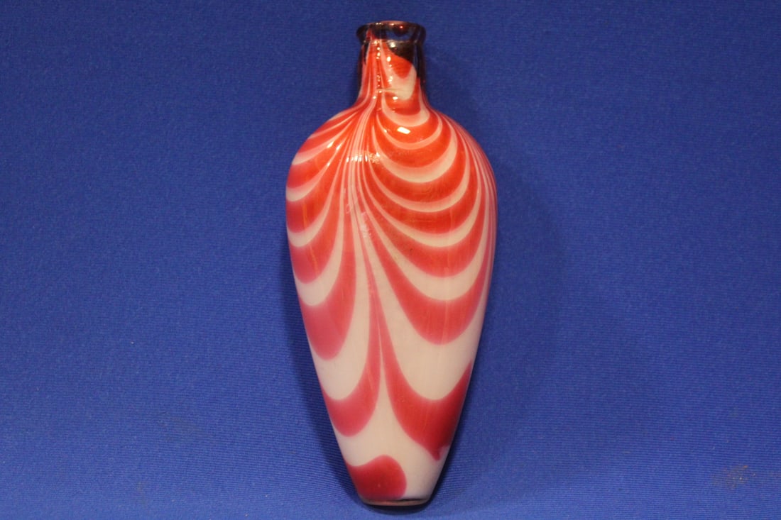 19th C Nailsea Glass Flask: 19th C Nailsea Glass Flask - hand blown with white ground and cranberry swirl, 6 3/4" H. No issues.