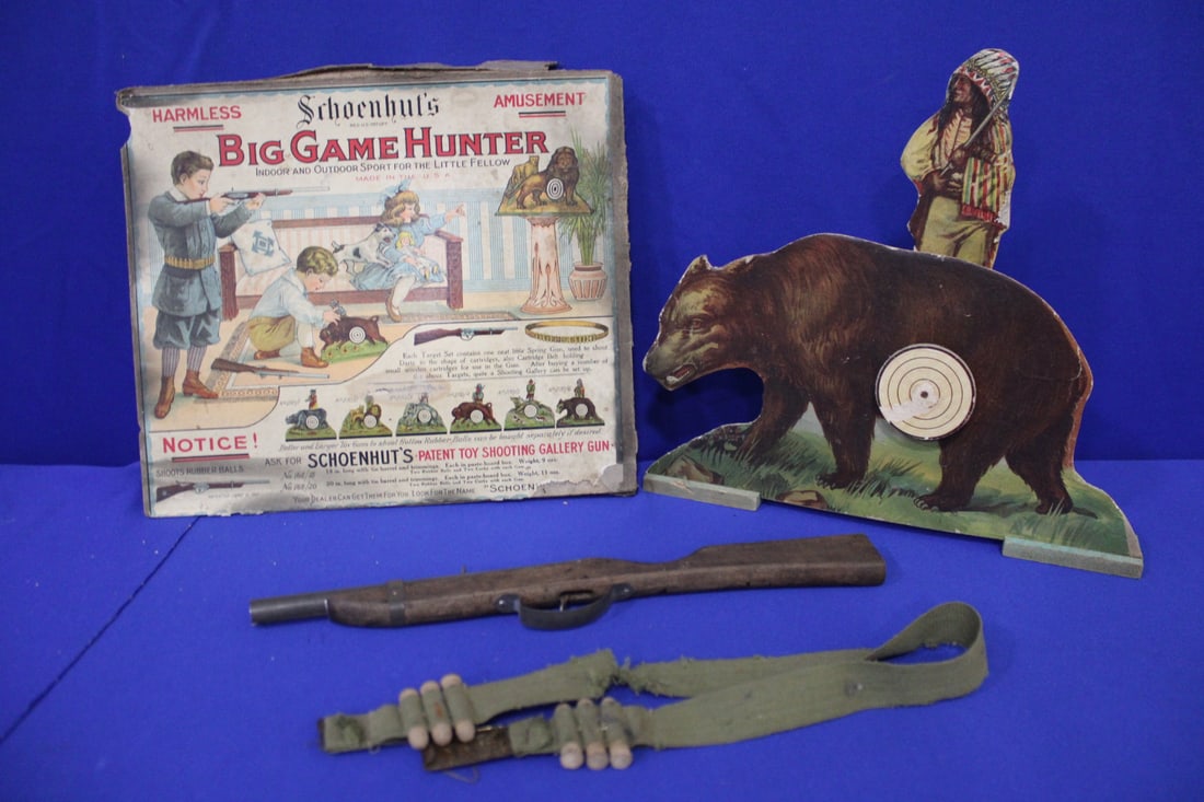 1901 Schoenhut Big Game Hunter Target Game Bear & Indian: 1901 Schoenhut Big Game Hunter Target Game w; Grizzly Bear, Rifle & American Indian - No. 270/6 - Toy Shooting Gallery, in original box complete with rifle, ammo belt, grizzly bear target and Indian,