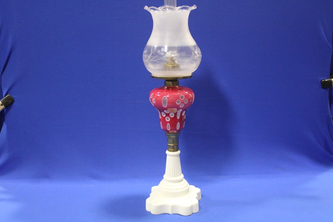 1869 Tall Sandwich Glass Double Overlay Cut to Clear Lamp: Tall 1869 Sandwich Glass Double-Overlay Cranberry Cut to Clear Fluid / Kerosene Stand Lamp - elongated piriform / pear shaped font, unusual burner marked Pat'd Nov 23rd 1869, frosted to clear etched a
