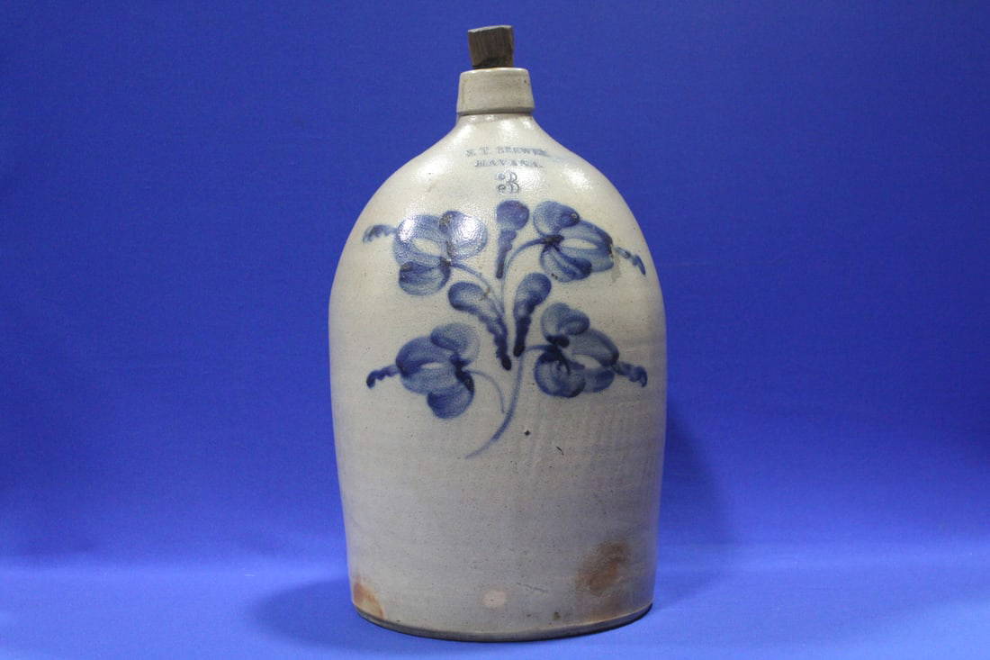 1850s Cobalt Decorated Stoneware Jug, Signed Brewer Auction