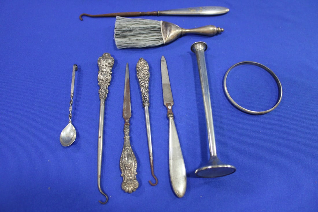 Sterling Group - Button Hooks, File, Bracelet, Single Bud Vase: Sterling Group - Shoe Button Hooks, Nail File, Bracelet, 6" H Single Bud Vase (weighted); small 6" brush w/bristles.