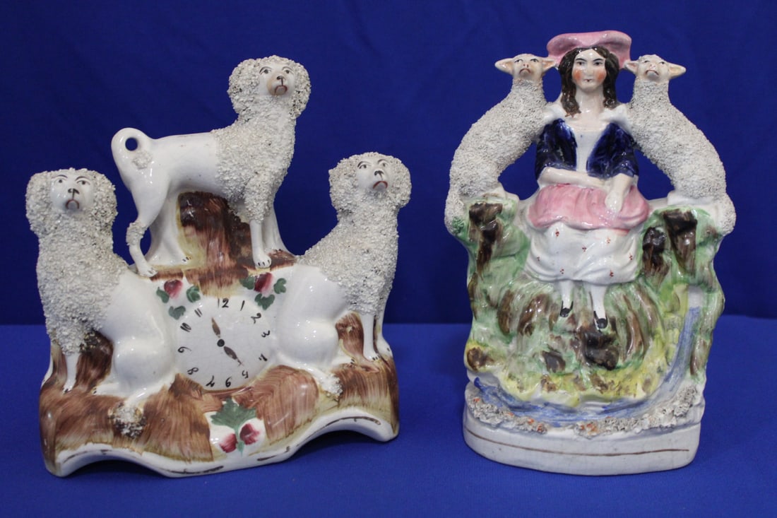 Antique Staffordshire Poodle Dogs w/ Confetti Faux Fur: Antique Staffordshire Poodle Dogs w/ Confetti Faux Fur - two statues, confetti fur / textured / sanded, tallest 8 1/2".