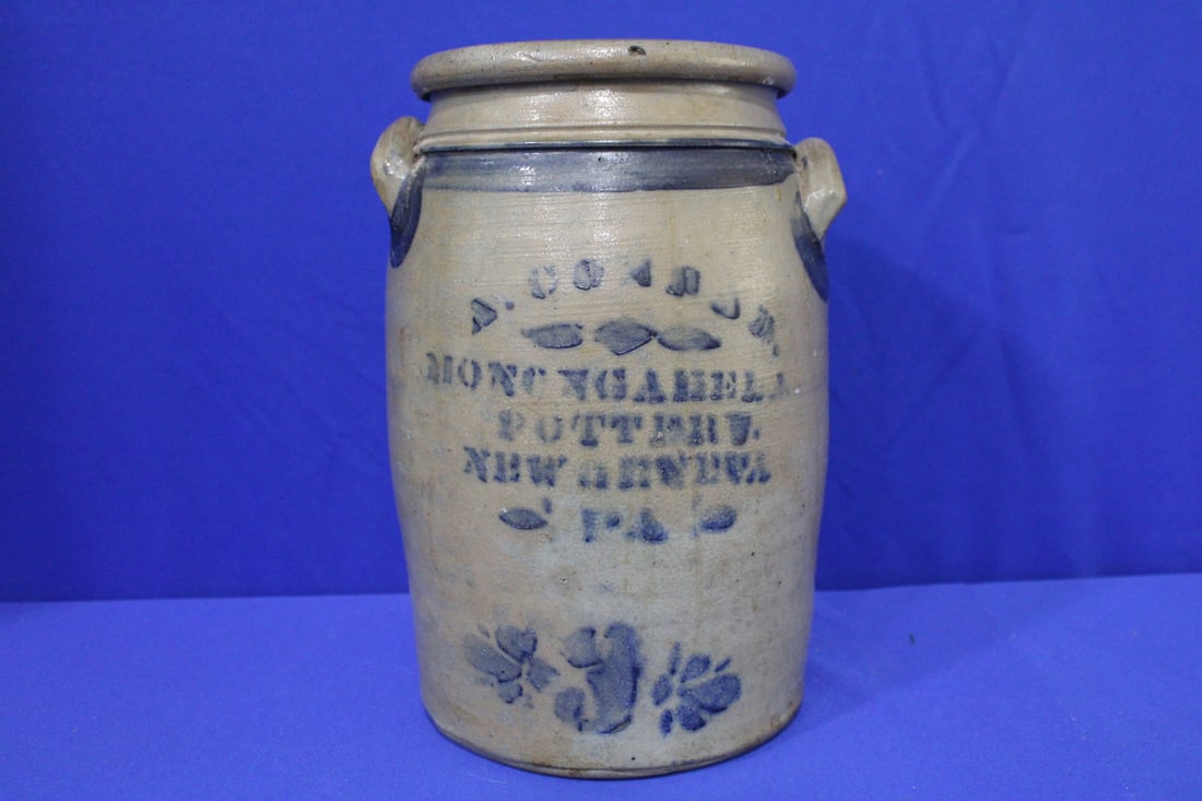1875 3-Gallon Cobalt Stenciled Stoneware Jar: 1875 3-Gallon Cobalt Stenciled Stoneware Jar - cobalt blue stenciled lettering and decorated "3", cobalt lettered / stenciled A. Conrad, Monongahela Pottery, New Geneva PA, and encircling cobalt ring