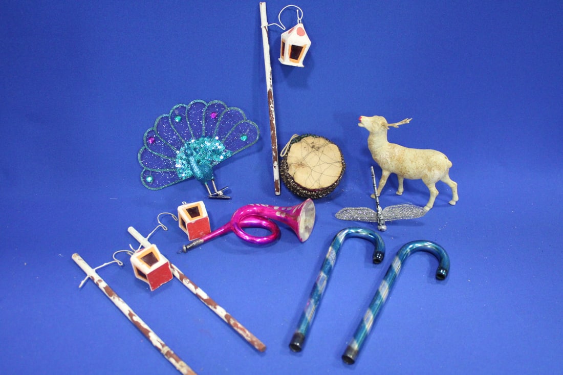 Christmas Street Lights, Glass Canes, Ornaments, More: Christmas Street Lights, Glass Canes, Ornaments - 3 tall Christmas pole street lights for putz village houses, early drum ornament with wired decoration, pair glass candy canes, deer lacking one antle