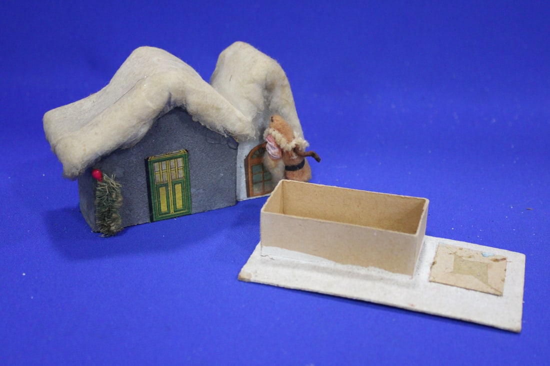 Rare Spun Cotton & Paper Santa & House Candy Container: Rare Spun Cotton & Cardboard / Paper Santa & House Candy Container - snow roof is spun cotton, attached brush Christmas tree, felt, wire and cotton beard with composition face Santa Claus, Made in Jap