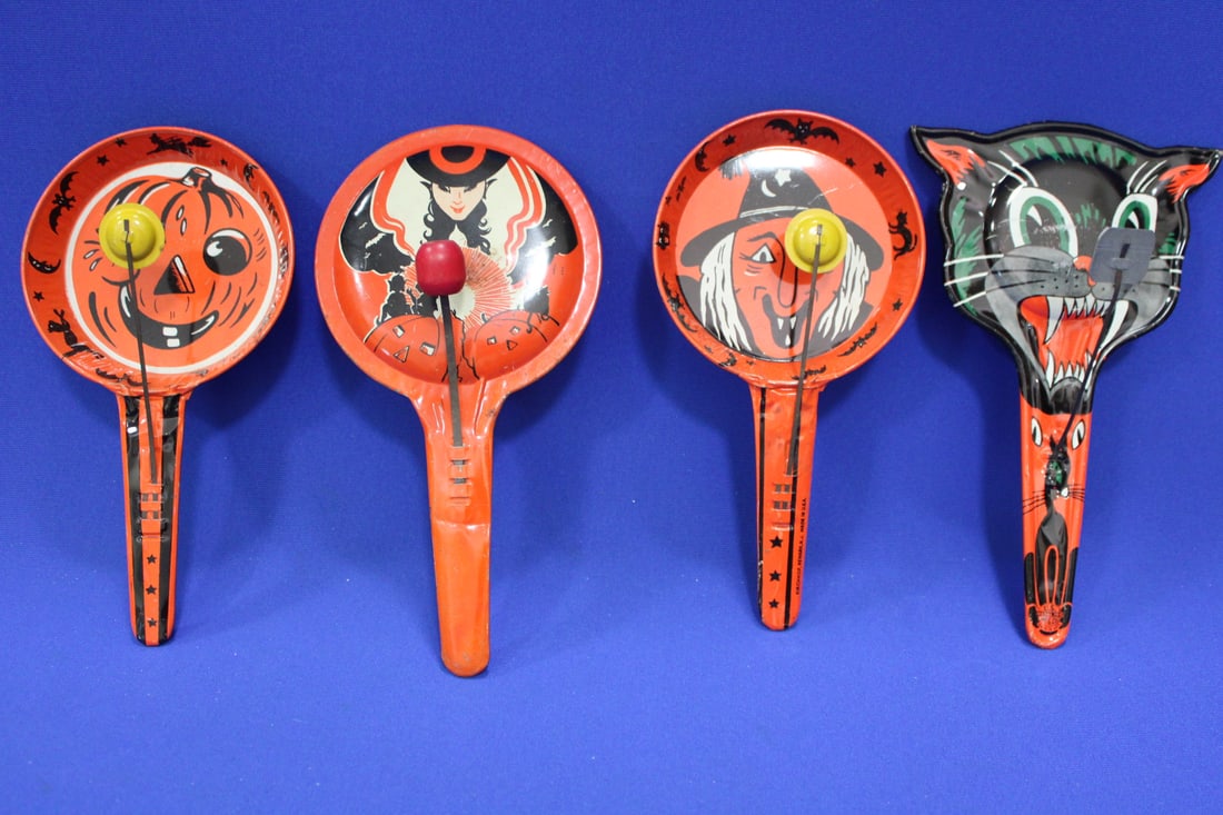 Group of 4 Vintage Halloween Clappers, Witches & Cats: Group of 4 Vintage Halloween Clappers, Witches & Cats - Kirchoff witch and jack-o-lantern; one unmarked witch and Jack-o-lantern, unmarked; US Metal Co. cat.