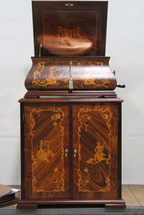 1997 Porter Baroque Music Box & Base Cabinet w/ 26 Discs: 1997 Porter Baroque Limited Edition (#184 of 500) Music Box & Base Cabinet w/ 26 copper Discs, Like New Condition - heavy, allover inlays feature an ancient Roman Garden with "Two Lovers," and "The