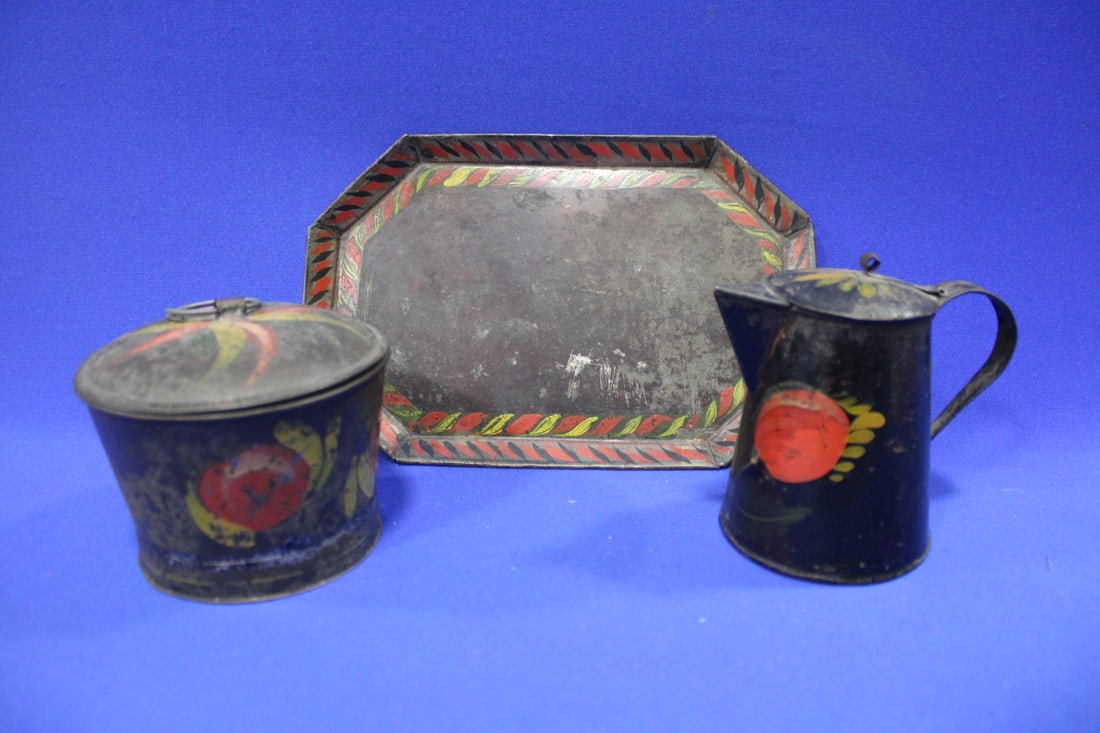 C1840s Pennsylvania Tole-Painted Sugar, Creamer & Tray: C1840-50s Pennsylvania Tole-Painted Sugar, Creamer & Tray - Tinned sheet iron with original polychromed decoration on a japanned ground table set with original polychrome red floral decoration, lidded