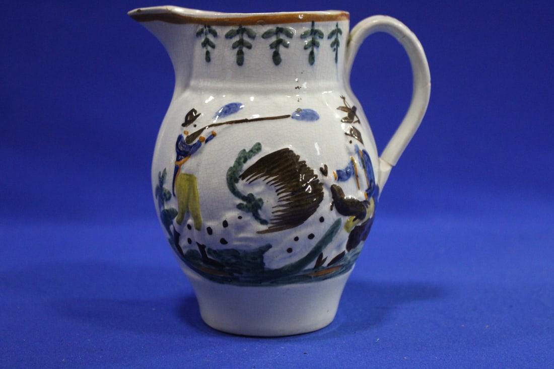 1800-40s Prattware Pitcher w/ Hunters Shooting Long Guns (1 of 3)