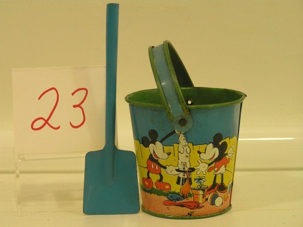 Ohio Art 1933 "Mickey Magician" Mickey Mouse Minnie: Ohio Art 1933 "Mickey Magician" Mickey Mouse Walt Disney Sand Pail and Shovel Toy, lithographed scenes of Mickey and Minnie, other side Pluto and Mickey, 3 1/4" high plus handle