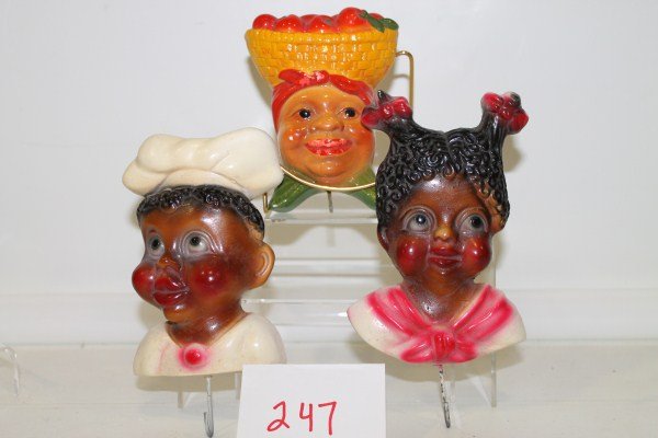 Black Americana 3 Plaster Wall Plaques: Black Americana 3 Plaster Wall Plaques: Cook and pig-tailed girl; Jamaican women; tallest 7 1/2"