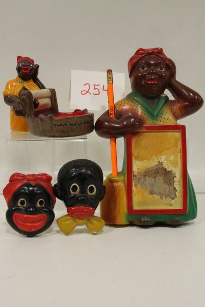 Black Americana Pair Plaster Group: Wall Plaques,: Black Americana Pair Plaster Group: Wall Plaques, Mammy Memo Holder, Mammy Wash Day Figure; tallest 9” high