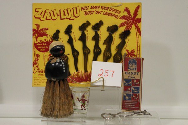 Black Americana Group: Zulu-Lulu Swizzle Sticks, M: Black Americana Group: Zulu-Lulu Swizzle Sticks on original card; wood clothes brush; black jungle characters shot glass; handy tool bottle opener in original box with black chef image on box