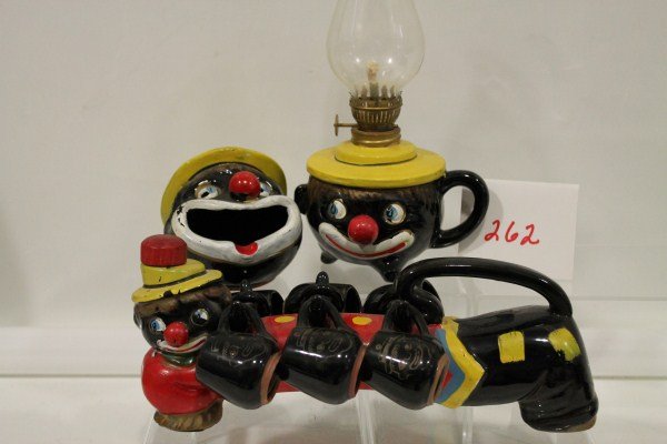 Pair Black Americana Thames Redware Black Clown Lo: Pair Black Americana Thames Black Clown Long Liquor Decanter Set with 6 shot glasses; Oil Lamp; Ashtray